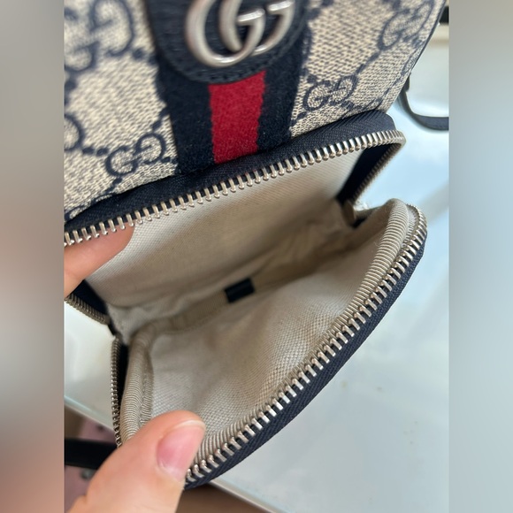 SOLD!Gucci GG Supreme Logo Monogram Navy Leather Trim Ophidia Mini Crossbody Bag - Picture 10 of 13
